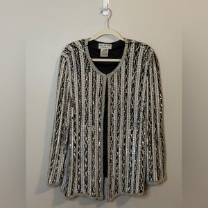 Papell Boutique Evening Black White 100% Silk Sequin Beaded Women's 2X